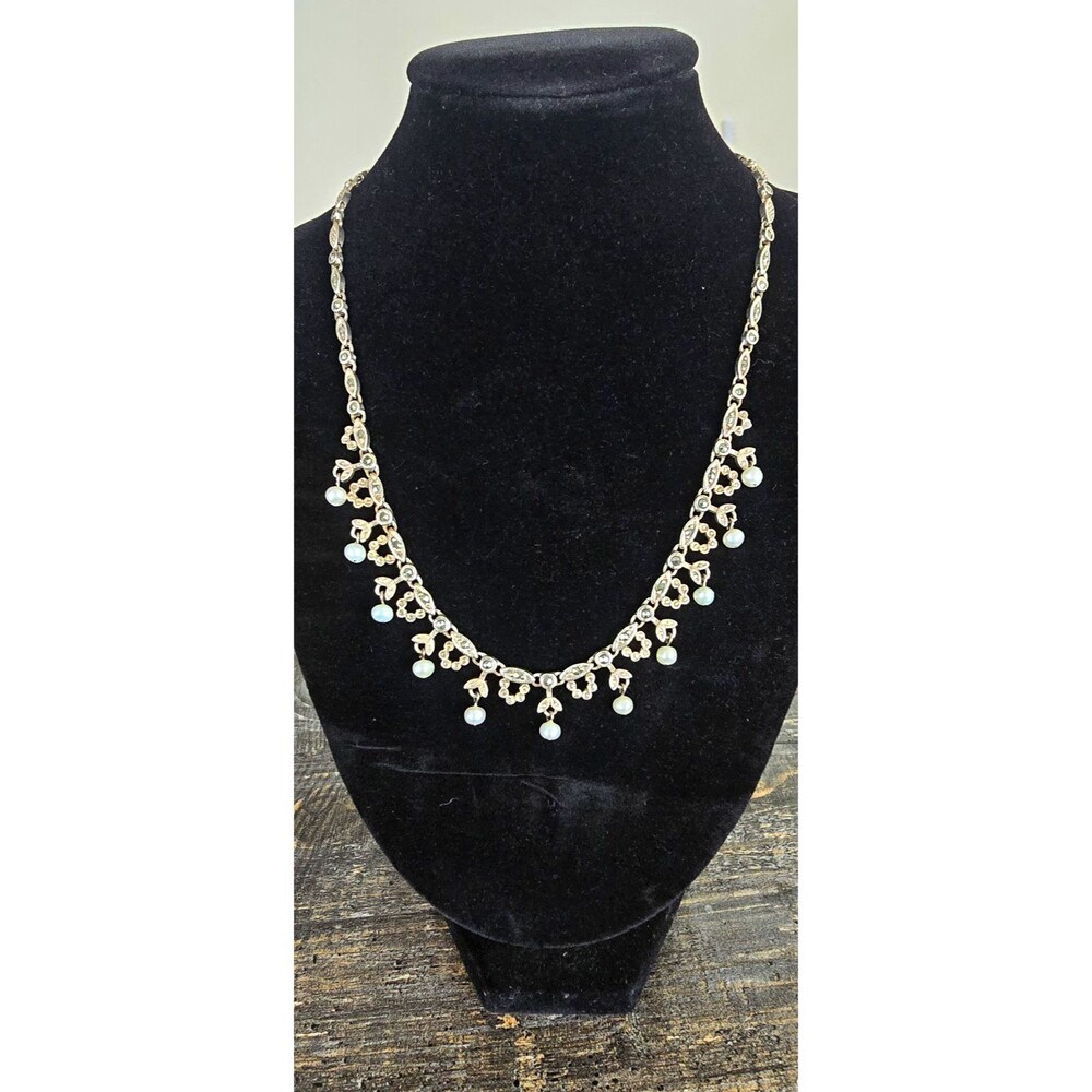 925 Sterling SilverNecklace w/ Real Pearl Drops. Vintage 15"